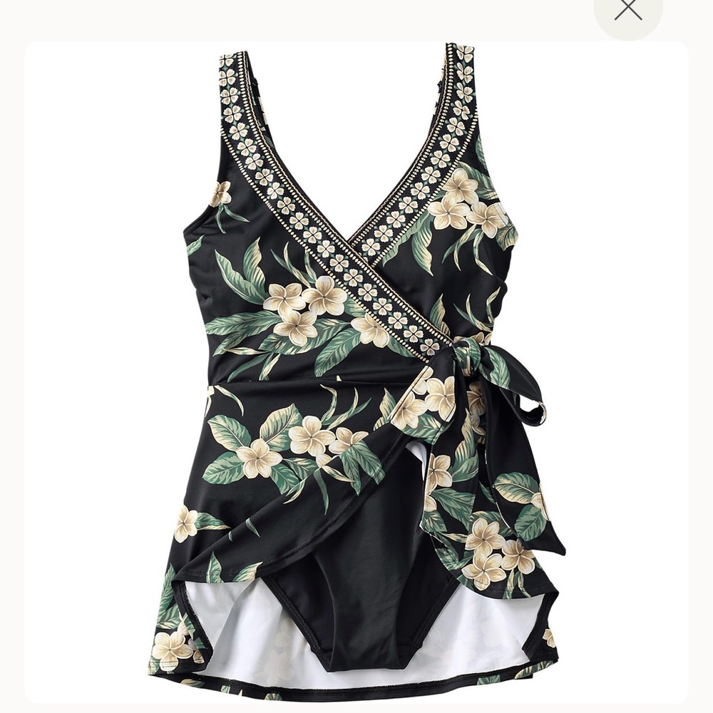 Lands' End Black and Green Plumeria Piece Swimwear with Tropical flower - Picture 3 of 5